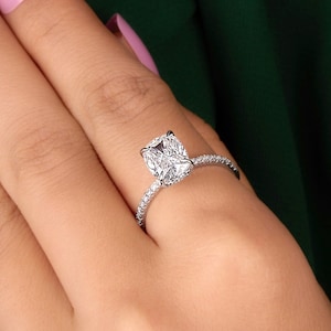 3 Ct Cushion Cut Moissanite Engagement Ring, Cushion Cut Ring, Elongated Cushion, Hidden Halo Ring