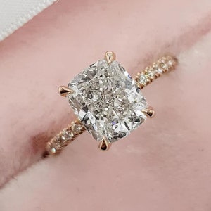 3 Ct Cushion Cut Moissanite Engagement Ring, Cushion Cut Ring, Elongated Cushion, Hidden Halo Ring