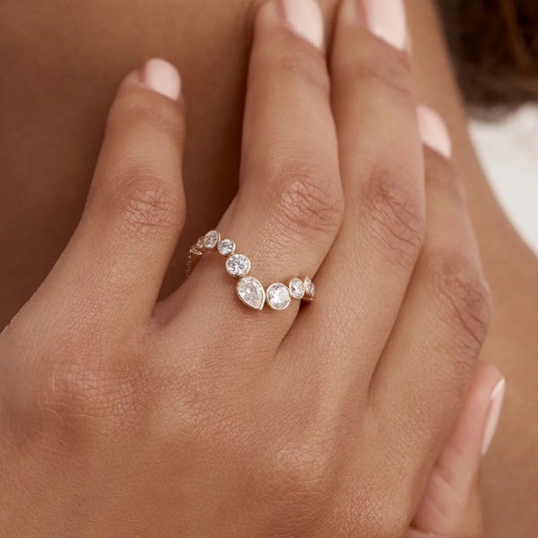 ペア モアッサナイト オーシャン リング 結婚指輪 女性用 モアッサナイト バンド ペア モアッサナイト スタッキング バンド