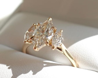 1.54 Ct Marquise Cut Moissanite Engagement Ring, Wedding Ring, Marquise Cut Ring, Elongated Marquise, Three Stone Ring