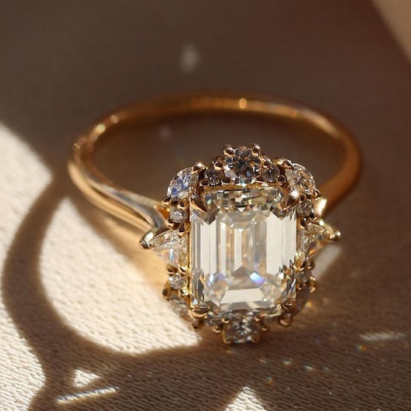 3.55 Ct Emerald Cut Moissanite Engagement Ring, Emerald Cut Ring, Moissanite Engagement Ring, Hidden Halo Ring