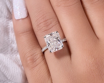 5.75 Ct Radiant Cut Moissanite Engagement Ring, Crushed Ice Radiant Cut Ring, Elongated Radiant, Hidden Halo Ring