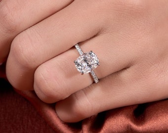 2.60 Ct Cushion Cut Moissanite Engagement Ring, Cushion Cut Ring, Elongated Cushion, Hidden Halo Ring