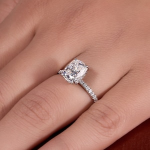3 Ct Cushion Cut Moissanite Engagement Ring, Cushion Cut Ring, Elongated Cushion, Hidden Halo Ring