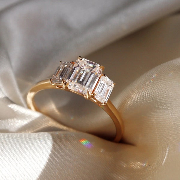 3.50 Ct Emerald Cut Moissanite Engagement Ring, Emerald Cut Ring, Moissanite Engagement Ring, Three Stone Ring