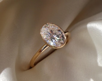 Bezel Set 2 Ct Oval Cut Moissanite Engagement Ring, Oval Cut Ring, Elongated Oval, Moissanite Engagement Ring, Ice Crushed Oval