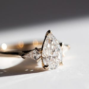 Three Stone 3 CT Pear Cut Moissanite Engagement Ring, Pear Cut Engagement Ring, Three Stone Ring, Three Stone Ring For Her