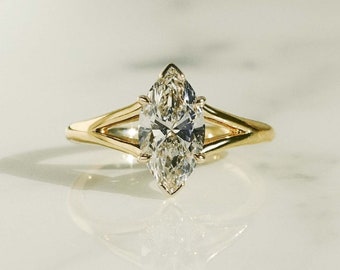Bezel & Prong Set 1.56 Ct Marquise Cut Moissanite Engagement Ring, Wedding Ring, Marquise Cut Ring, Elongated Marquise, Bezel Set Ring