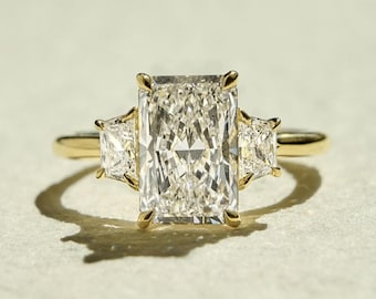 4 Ct Radiant Cut Moissanite Engagement Ring, Crushed Ice Radiant Cut Ring, Elongated Radiant, Three Stone Ring