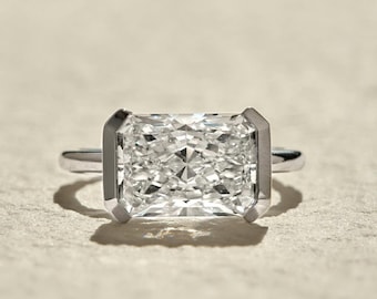 Bezel Set 3 Ct Radiant Cut Moissanite Engagement Ring, Crushed Ice Radiant Cut Ring, Elongated Radiant, Half Bezel Set Ring