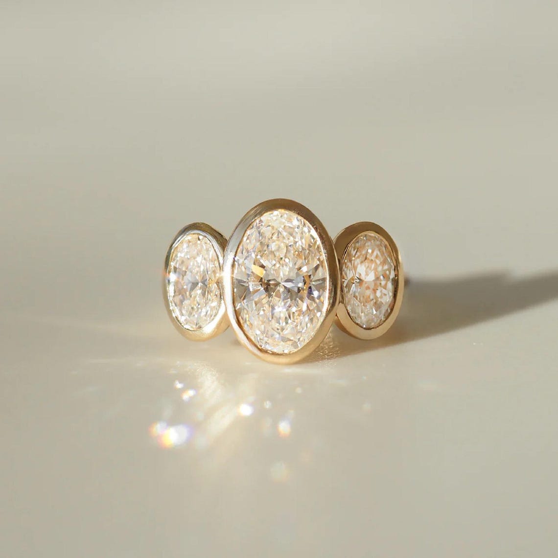 Bezel Set 3.52 Ct Three Stone Oval Cut Moissanite Engagement Ring, Oval ...