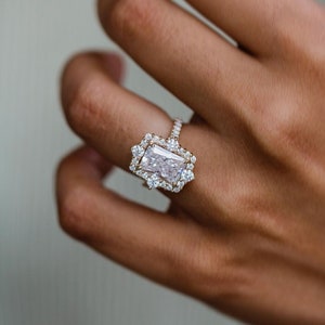 3.30 Ct Radiant Cut Moissanite Engagement Ring, Crushed Ice Radiant Cut Ring, Elongated Radiant, Hidden Halo Ring