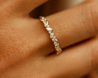 Slanted Marquise & Round Moissanite Wedding Band, 14K Yellow Gold band, Moissanite Band, Matching Band