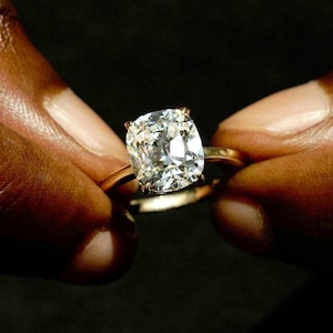 Old Mine 3.34 Ct Cushion Cut Moissanite Engagement Ring, Old Mine Cushion Cut Ring, Elongated Cushion, Solitaire Ring for Her