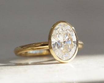 Bezel Set 2 Ct Oval Cut Moissanite Engagement Ring, Oval Cut Ring, Elongated Oval, Moissanite Engagement Ring, Ice Crushed Oval