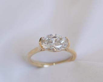 Half Bezel 2.51 Ct Oval Cut Moissanite Engagement Ring, Oval Cut Ring, Elongated Oval, Moissanite Engagement Ring, Ice Crushed Oval