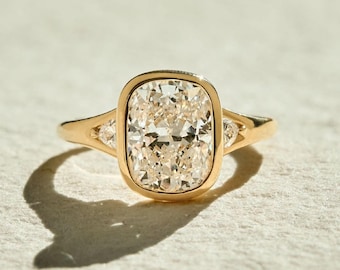 Bezel Set 4.50 Ct Cushion Cut Moissanite Engagement Ring, Cushion Cut Ring, Elongated Cushion, Three Stone Bezel Set Ring