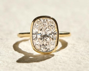 Bezel Set 3.01 Ct Cushion Cut Moissanite Engagement Ring, Cushion Cut Ring, Elongated Cushion, Bezel Set Ring