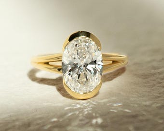 Bezel Set 1.50 Ct Oval Cut Moissanite Engagement Ring, Oval Cut Ring, Elongated Oval, Moissanite Engagement Ring, Ice Crushed Oval