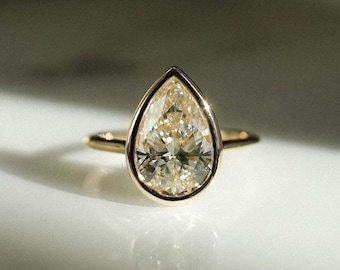 Bezel Set 3.04 CT Pear Cut Moissanite Engagement Ring Anniversary Gift Bezel Set Ring 14K / 18K White Gold Ring Christmas Gift For Her