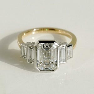2.10 Ct Emerald Cut Moissanite Engagement Ring, Emerald Cut Ring, Moissanite Engagement Ring, Five Stone Emerald Cut Ring