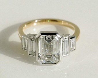 2.10 Ct Emerald Cut Moissanite Engagement Ring, Emerald Cut Ring, Moissanite Engagement Ring, Five Stone Emerald Cut Ring