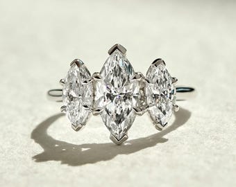 3 Ct Marquise Cut Moissanite Engagement Ring, Wedding Ring, Marquise Cut Ring, Elongated Marquise, Three Stone Ring