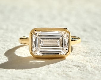East West Bezel Set 3.11 Ct Emerald Cut Moissanite Engagement Ring, Emerald Cut Ring, Moissanite Engagement Ring, Bezel Set Emerald Cut Ring