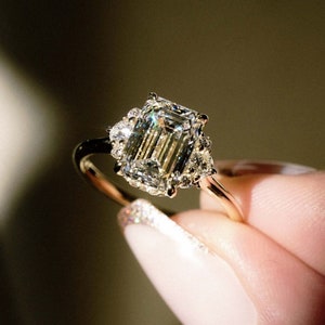 2.81 Ct Emerald Cut Moissanite Engagement Ring, Emerald Cut Ring, Moissanite Engagement Ring, Hidden Halo Emerald Cut Ring