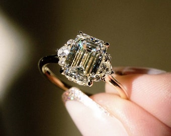 2.81 Ct Emerald Cut Moissanite Engagement Ring, Emerald Cut Ring, Moissanite Engagement Ring, Hidden Halo Emerald Cut Ring