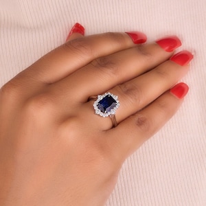 Blue Sapphire Emerald Cut Engagement Ring, Round Accents Moissanite Halo with Sapphire Ring, Moissanite Halo Ring, White Gold Ring