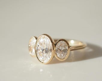 Bezel Set 3.52 Ct Three Stone Oval Cut Moissanite Engagement Ring, Oval Cut Ring, Moissanite Engagement Ring, Ice Crushed Oval, Bezel Set