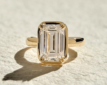 Collet Setting 5 Ct Emerald Cut Moissanite Engagement Ring, Emerald Cut Ring, Moissanite Engagement Ring, Collet Set Ring