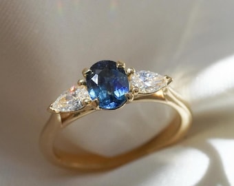 Three Stone Blue Sapphire Oval Cut Engagement Ring, Triangle Moissanite with Sapphire Ring, Moissanite Halo Ring, Yellow Gold Ring