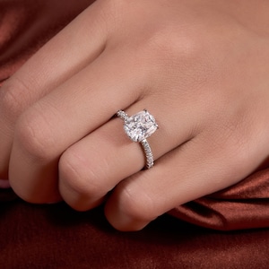 3.02 Ct Cushion Cut Moissanite Engagement Ring, Cushion Cut Ring, Elongated Cushion, Hidden Halo Ring