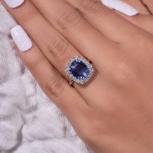 Blue Sapphire Cushion Cut Engagement Ring, Round Accents Moissanite Halo with Sapphire Ring, Moissanite Halo Ring, White Gold Ring