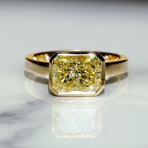 Bezel Set 3.20 Ct Canary Yellow Radiant Cut Moissanite Engagement Ring, Crushed Ice Radiant Cut Ring, Elongated Radiant, Bezel Set Ring