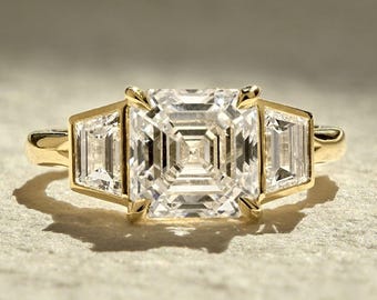 Three Stone 3 Ct Asscher Cut Moissanite Engagement Ring , Asscher Cut Ring, Moissanite Engagement Ring, Asscher Cut Moissanite Ring