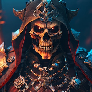 以下が含まれることがあります： 赤い光る目をした、フード付きの金色の装飾が施されたローブを着た骸骨の姿。その姿は、複雑な金属製の鎧と鎖で飾られている。