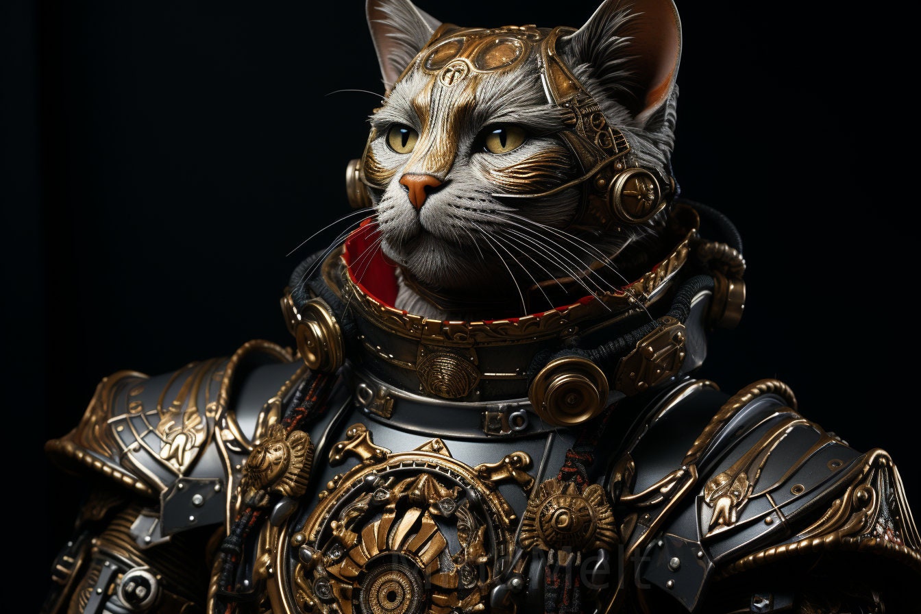 3X Cat in Armor Digital Art Image Bundle Download PNG, Feline Knight