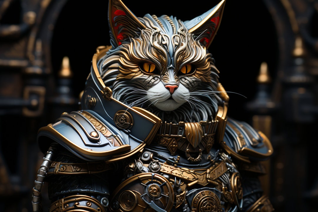 3X Cat in Armor Digital Art Image Bundle Download PNG, Feline Knight