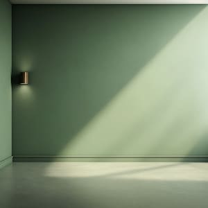 Può includere: Un muro verde con un'unica lampada sul lato sinistro. Il muro è illuminato dalla luce del sole che entra dal lato destro, proiettando un'ombra sul pavimento.