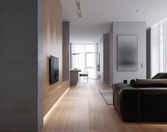 May include: A modern living room interior with a gray wall, wood paneling, and a black leather sofa. The room has a wood floor and a large window with white curtains.