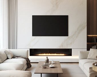 May include: A modern living room with a white sectional sofa, a coffee table, and a fireplace with a black TV above it. The wall behind the TV is covered in white marble with gold veins.