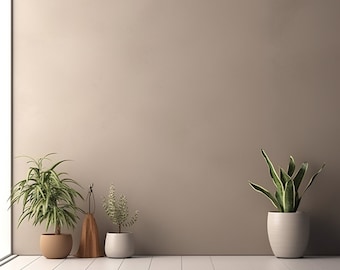 May include: A beige wall with three potted plants and a wooden sculpture in front of it. The plants are in brown, white, and gray pots. The wooden sculpture is tall and slender.