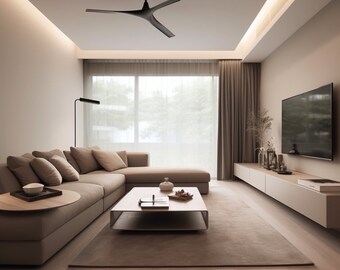 May include: A modern living room with a large sectional sofa, a coffee table, and a flat-screen TV mounted on the wall. The room is decorated in neutral colors with beige walls and a light wood floor.