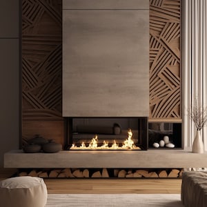 Peut inclure: Une cheminée moderne avec un entourage en béton et un feu de bois. La cheminée est flanquée de deux panneaux en bois aux motifs géométriques. Des bûches sont empilées sous la cheminée.