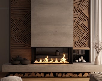 May include: A modern fireplace with a concrete surround and a wood-burning fire. The fireplace is flanked by two wooden panels with geometric designs. There are logs stacked below the fireplace.