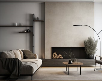May include: A modern living room with a beige sofa, a black fireplace, a wooden coffee table, and a potted plant. The room has a minimalist design with a neutral color palette.
