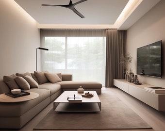 May include: A modern living room with a beige sectional sofa, a coffee table, a ceiling fan, and a flat screen TV mounted on the wall. The room has large windows with sheer curtains and a beige rug.